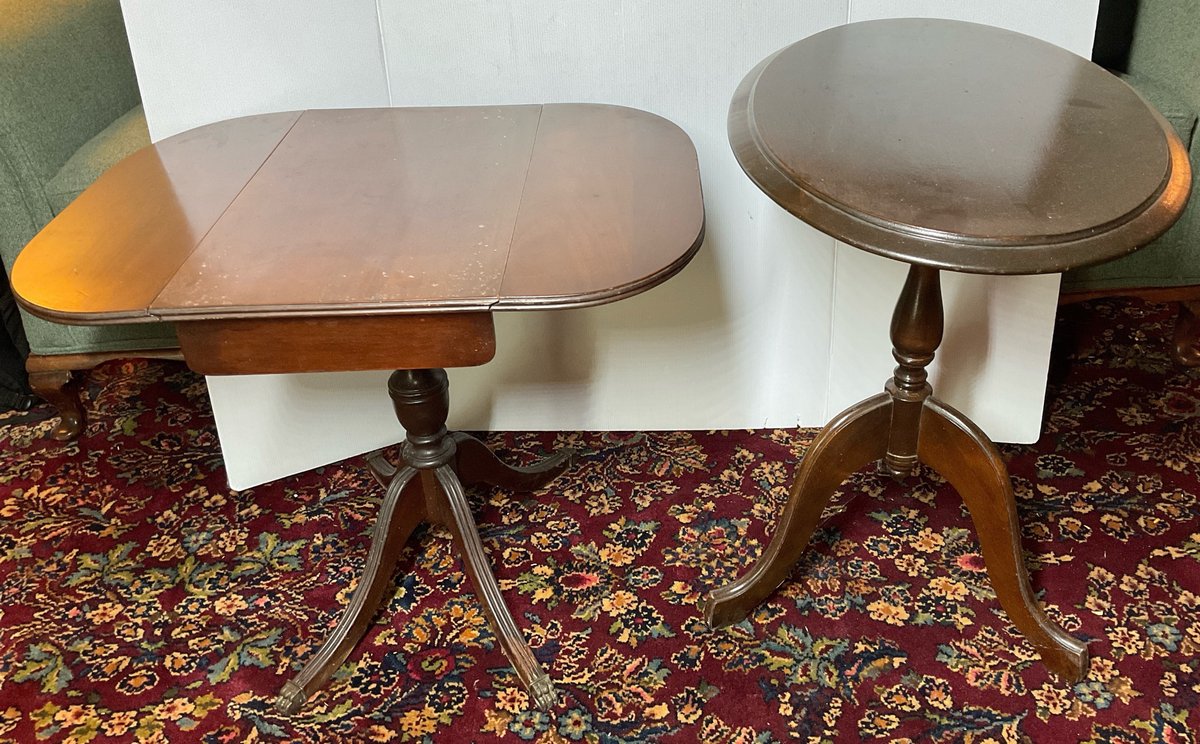 Wood Oval and Drop Leaf Pedestal End Tables