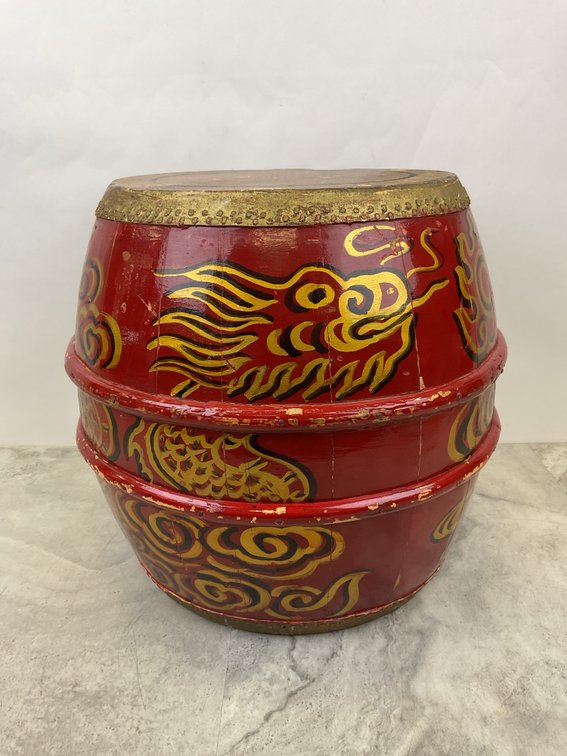Red Painted Wood Barrel Drum with Dragon Motif