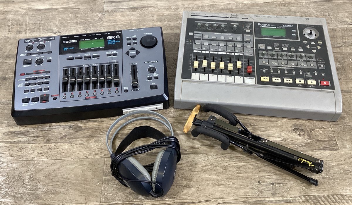 Boss BR8, Roland VS-840, AKG K77, and Mini Guitar Stand