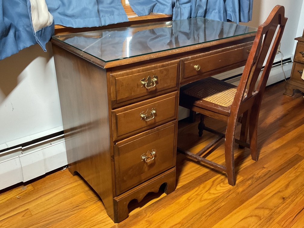 Sterling House Desk with Cane Seat Chair and Office Supplies