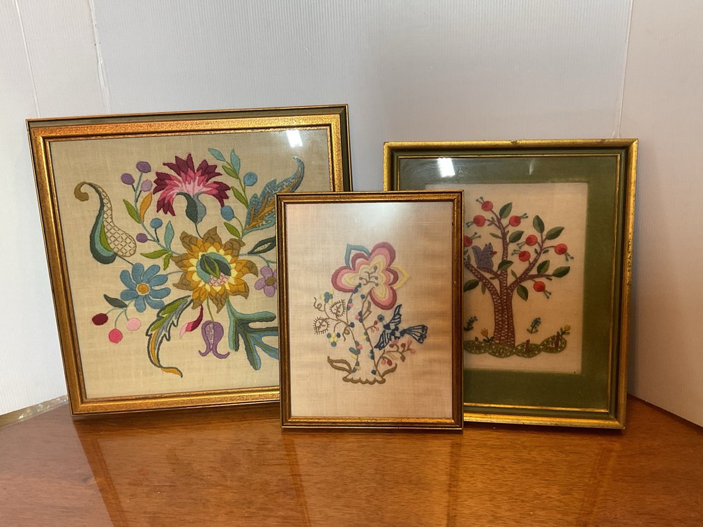 Framed Floral Crewel Embroidery Fiber Art