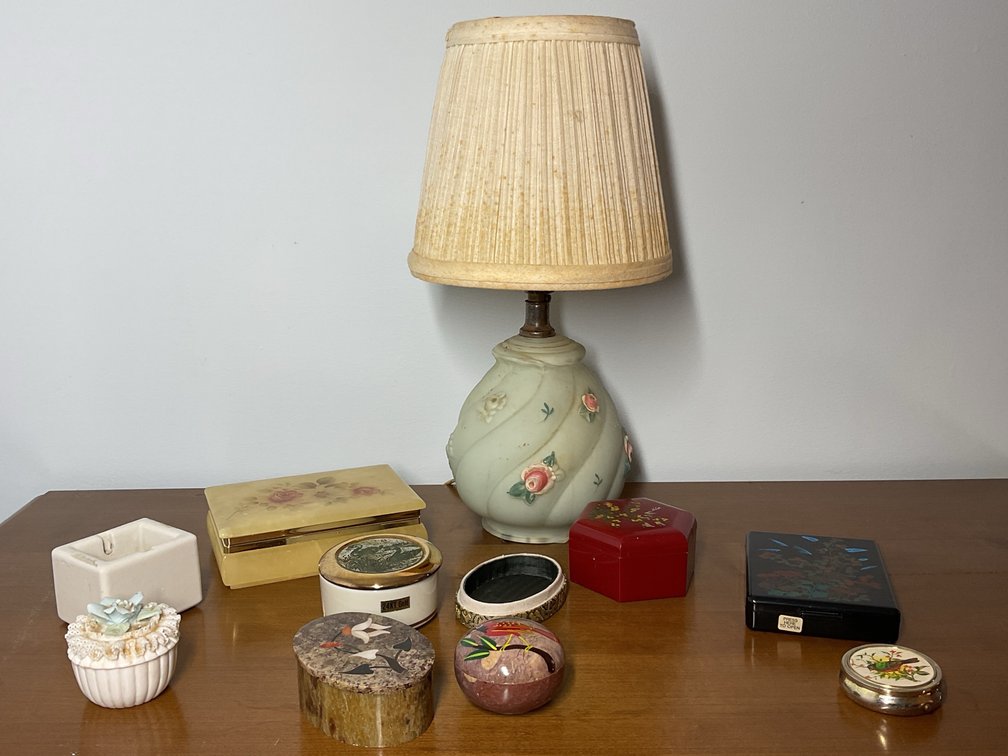Glass Table Lamp and Trinket Boxes
