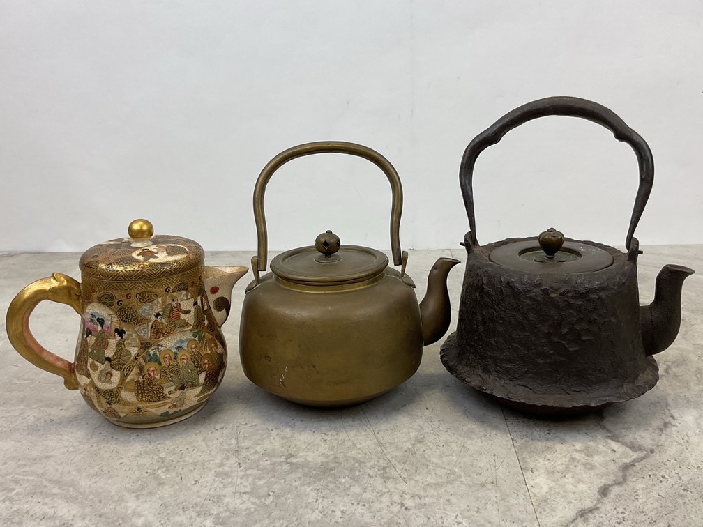 Cast Iron Tetsubin, Brass Kettle, and Ceramic Teapot