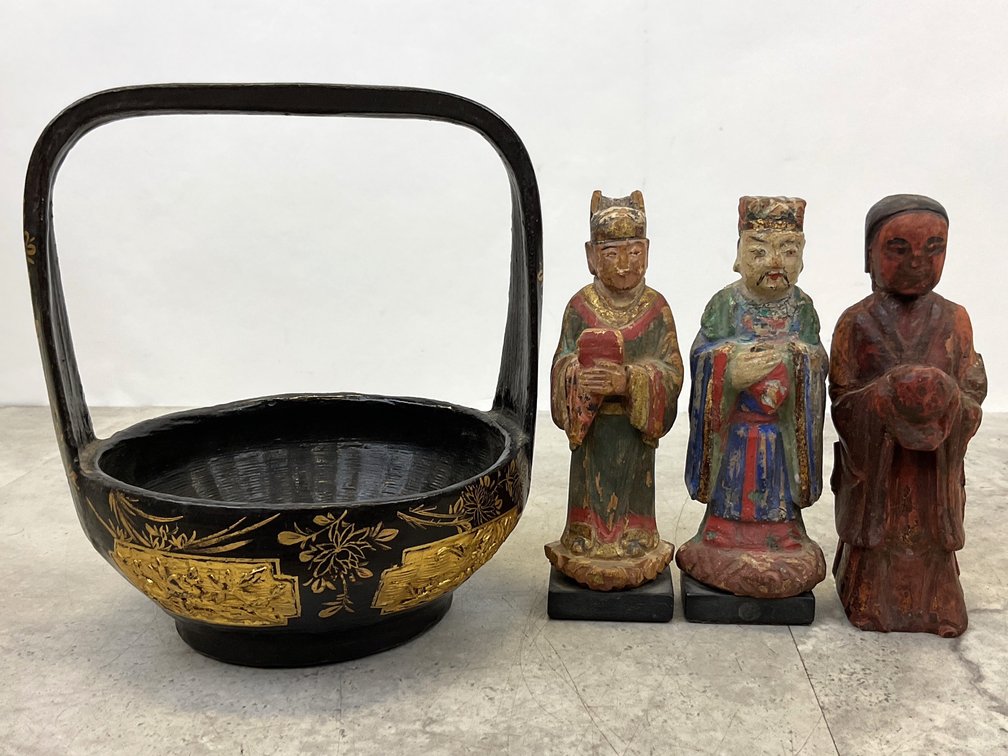 Black Lacquer Basket & Carved Wood Figures