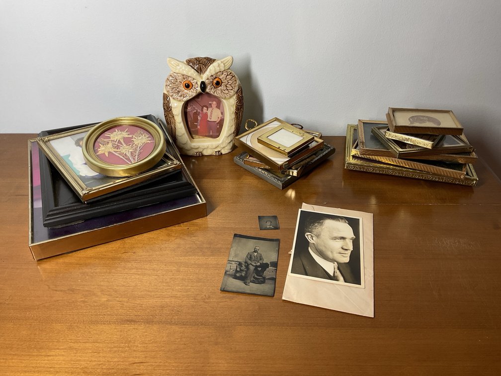 Assorted Picture Frames, Ceramic Owl, and Tintypes