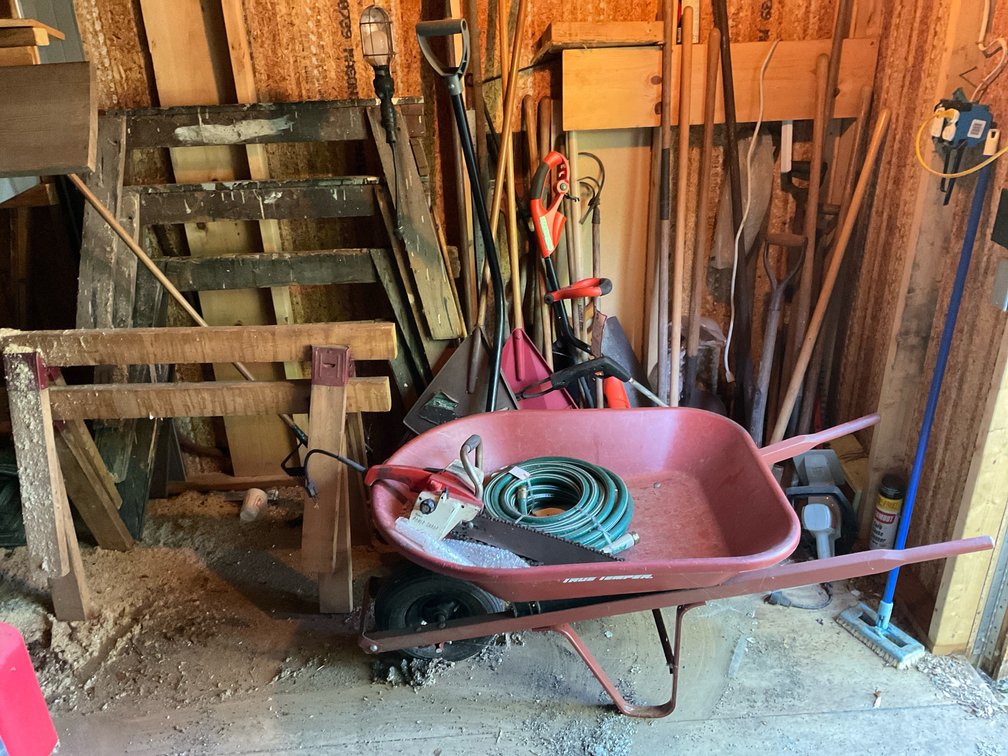 Wheelbarrow, Sawhorses, Garden and Power Tools