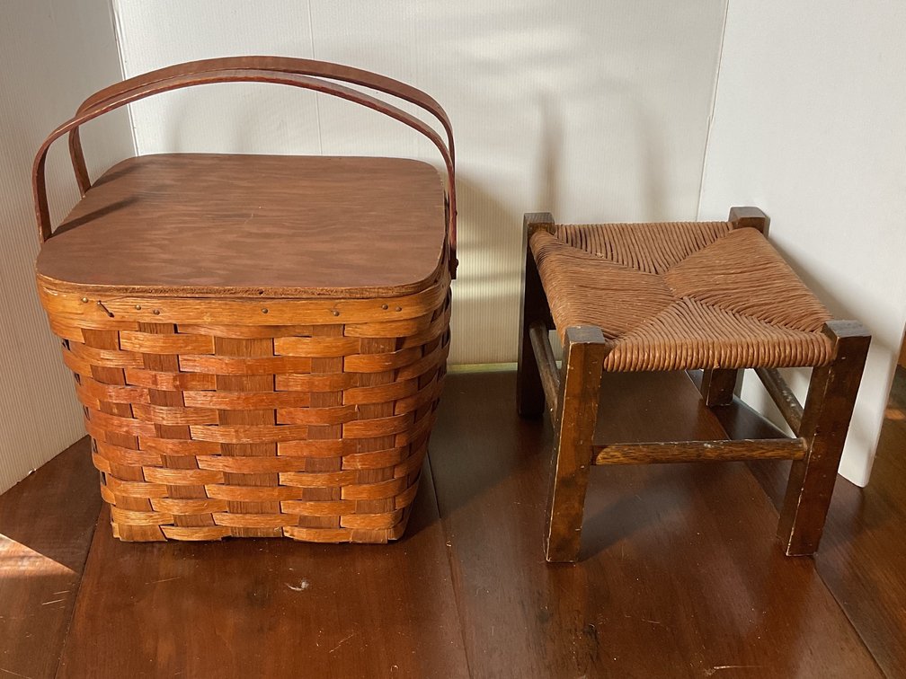Woven Wood Picnic Basket and Rush Seat Footstool