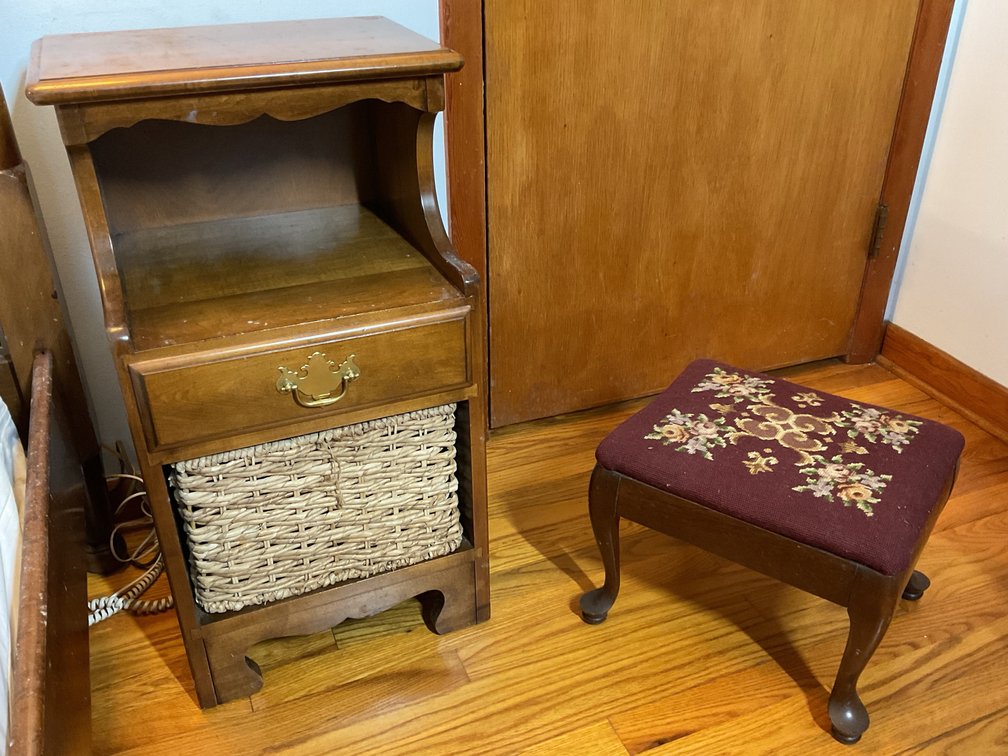 Wooden Nightstand and Needlepoint Cushioned Footstool