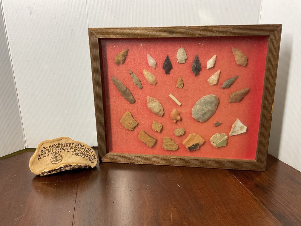 Framed Arrowheads, Artifacts, and Inscribed Shelf Fungus