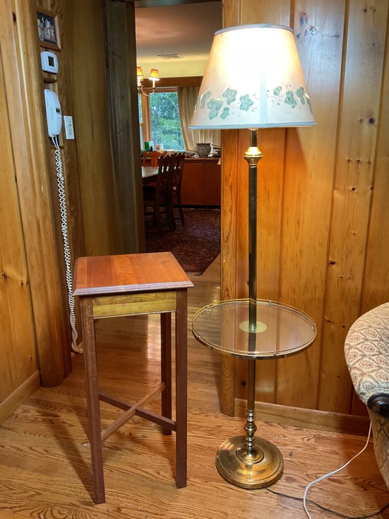 Wooden Plant Stand and Brass Floor Lamp with Glass Tray Table