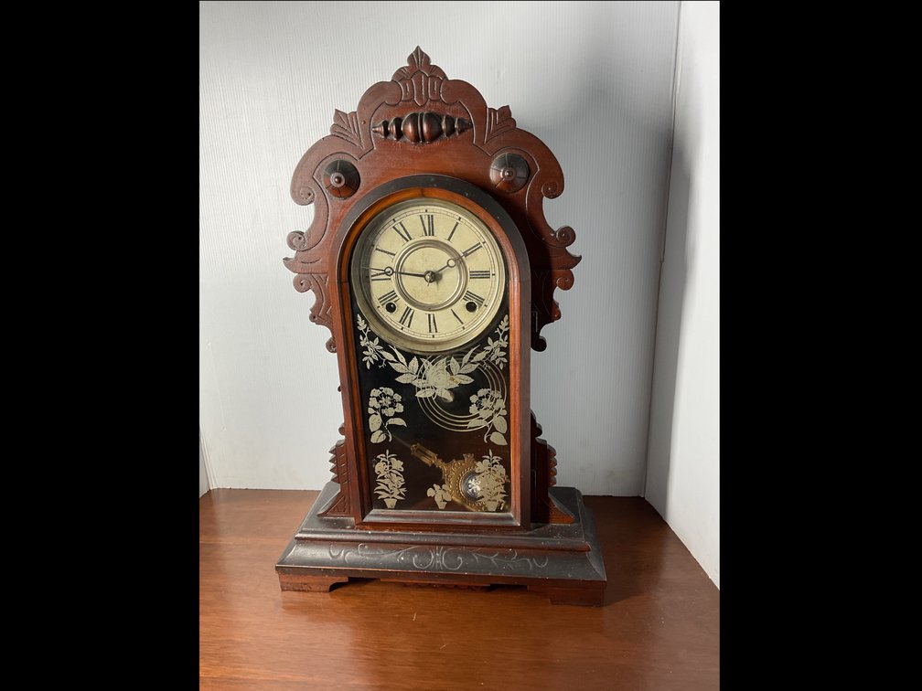 Carved Wood Shelf Clock with Crest