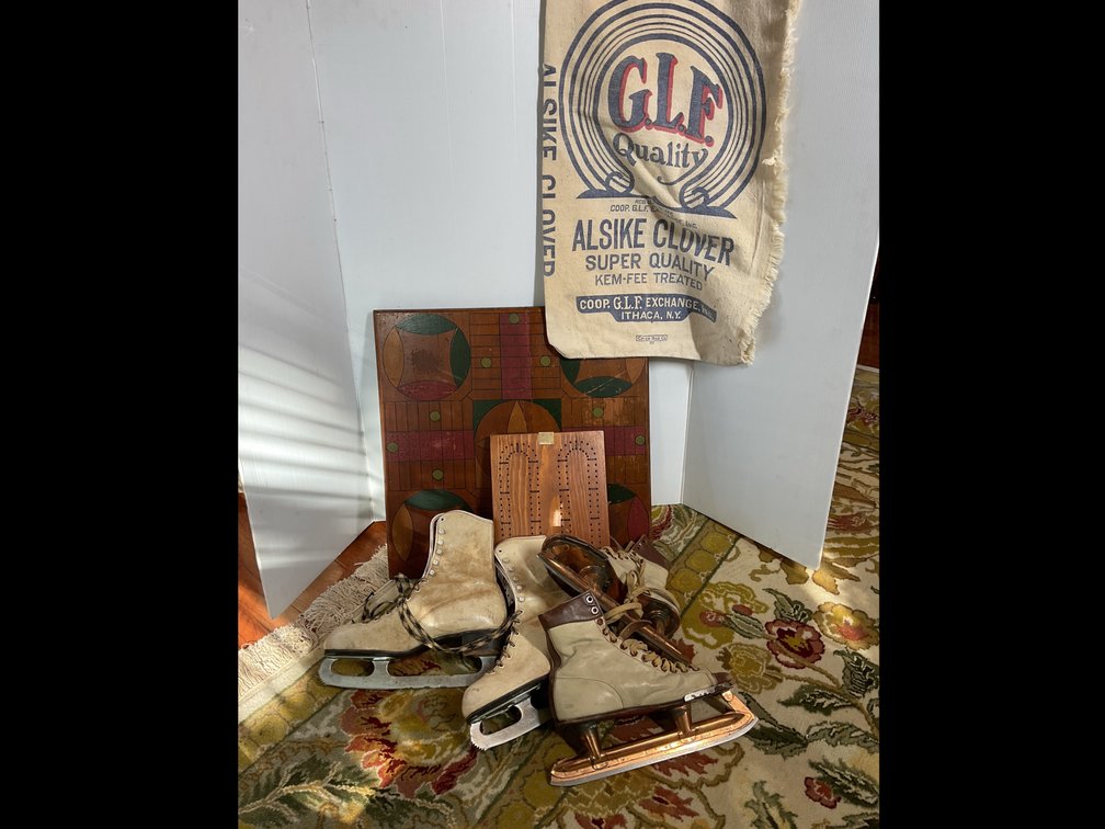 Vintage Ice Skates, Game Boards, and Seed Sack