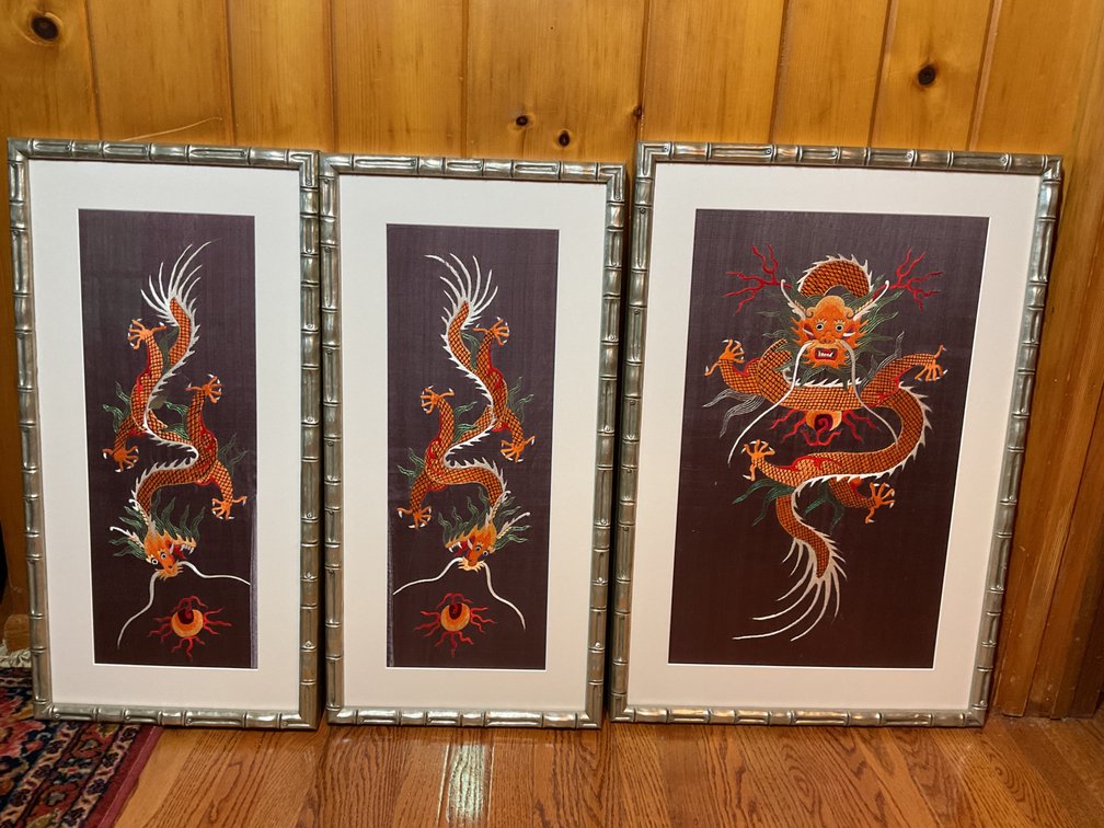 Framed Asian Embroidered Dragon Decorator Art
