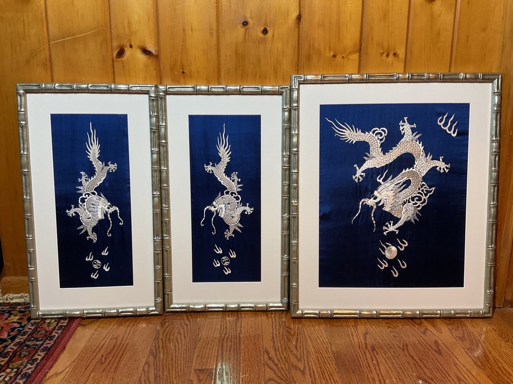 Framed Asian Embroidered Dragon Decorator Art