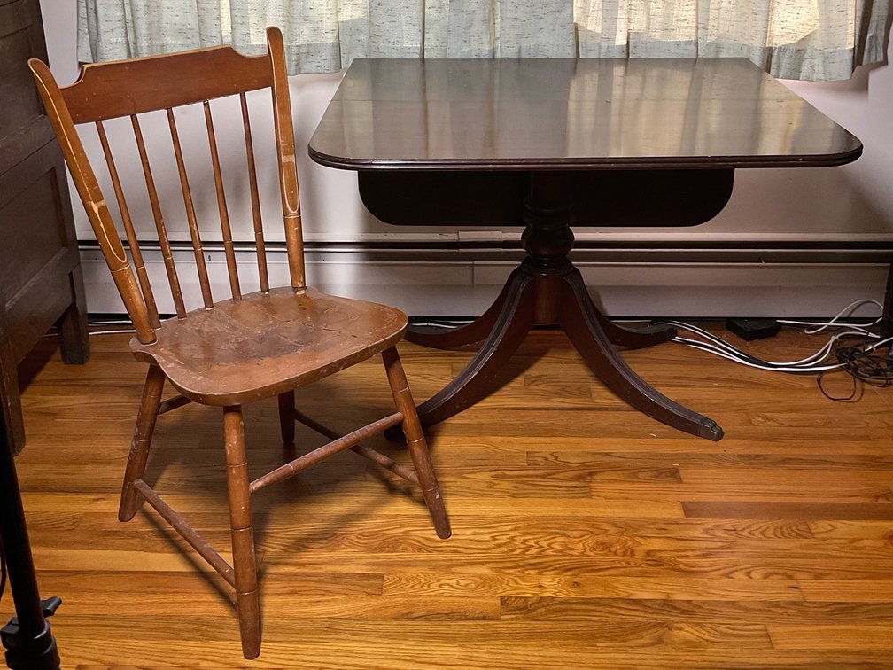 Drop-Leaf Pedestal Dining Table and Wooden Spindle-Back Chair