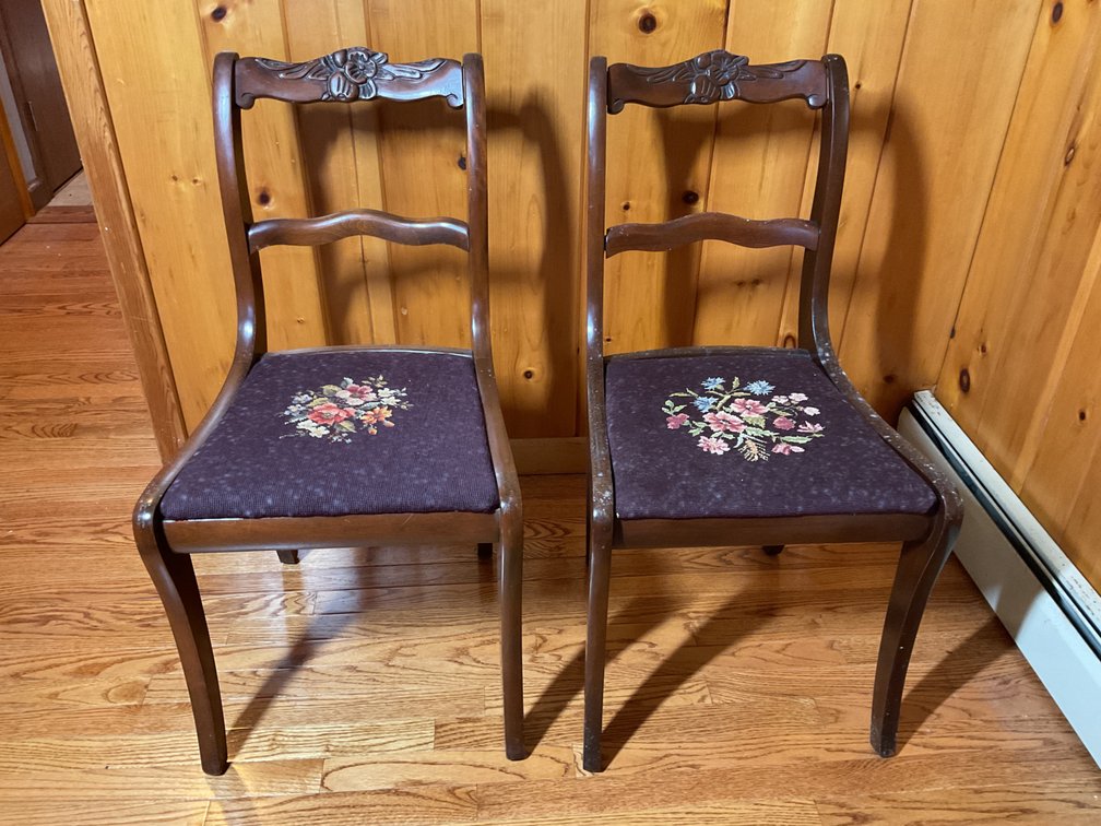 Carved Wood Needlepoint Seat Chairs