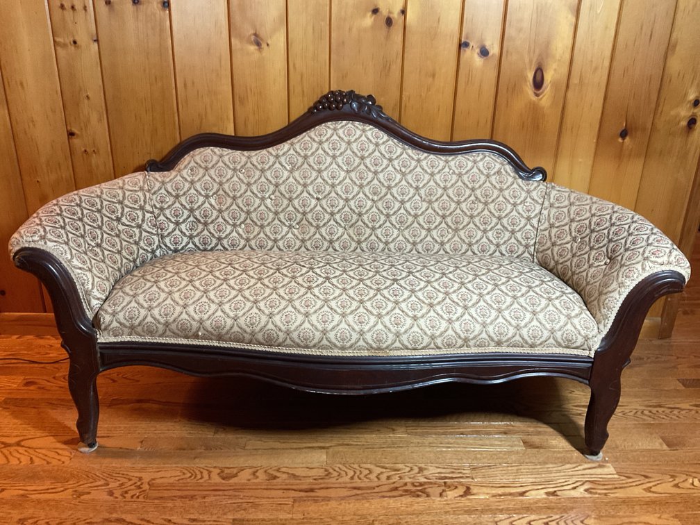 Victorian-Style Carved Wood Upholstered Settee