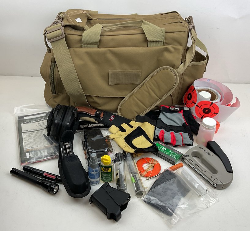 Tactical Range Bag, Knives, Earmuffs, and Shooting Accessories
