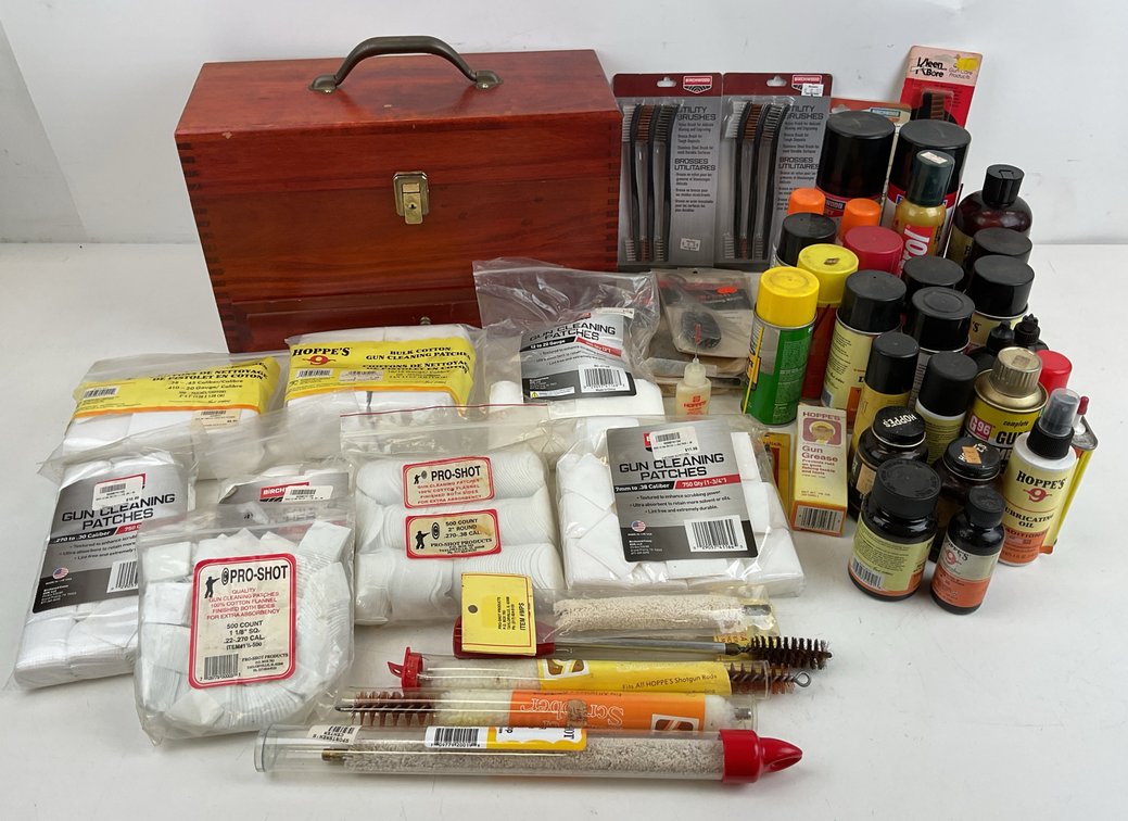 Firearm Cleaning Supplies and Wooden Chest