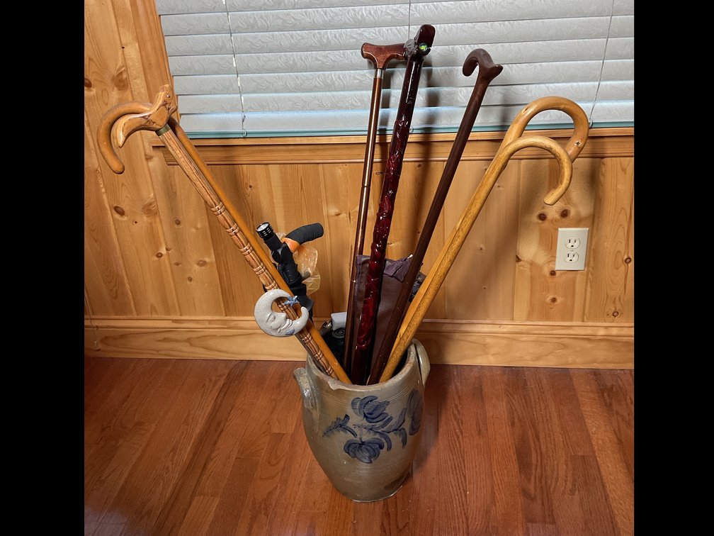 Stoneware Crock, Walking Canes, and Hiking Sticks