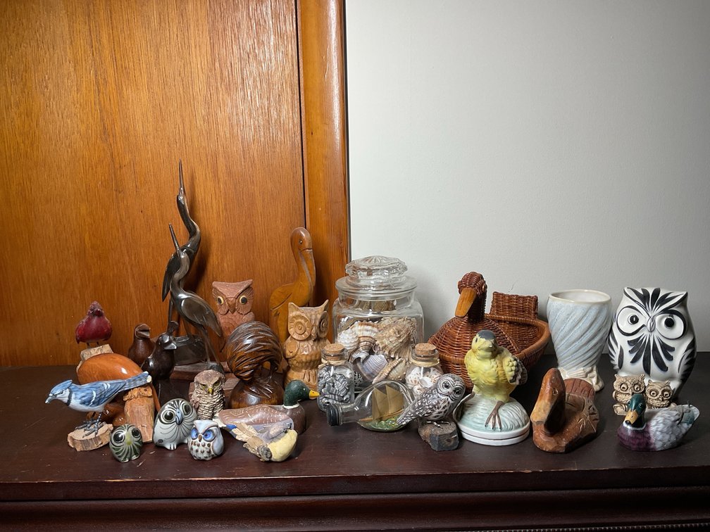 Bird and Owl Figurines, Shells, and Decorative Objects