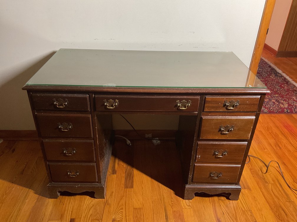 Wood Pedestal Desk with Glass Top