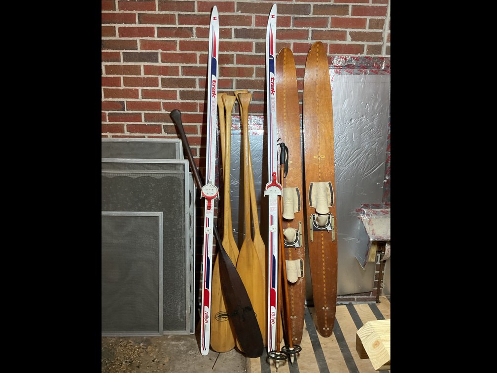 Vintage Water Skis, Cross-Country Skis, Poles, and Oars