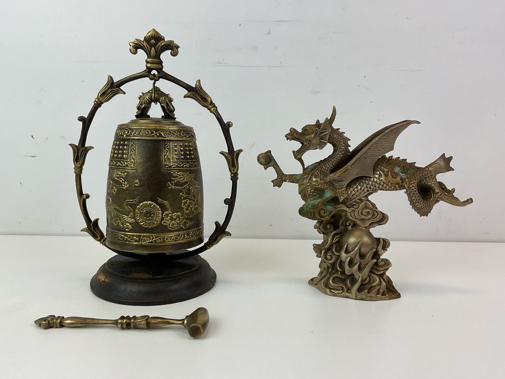 Brass Bell and Winged Dragon Figurine
