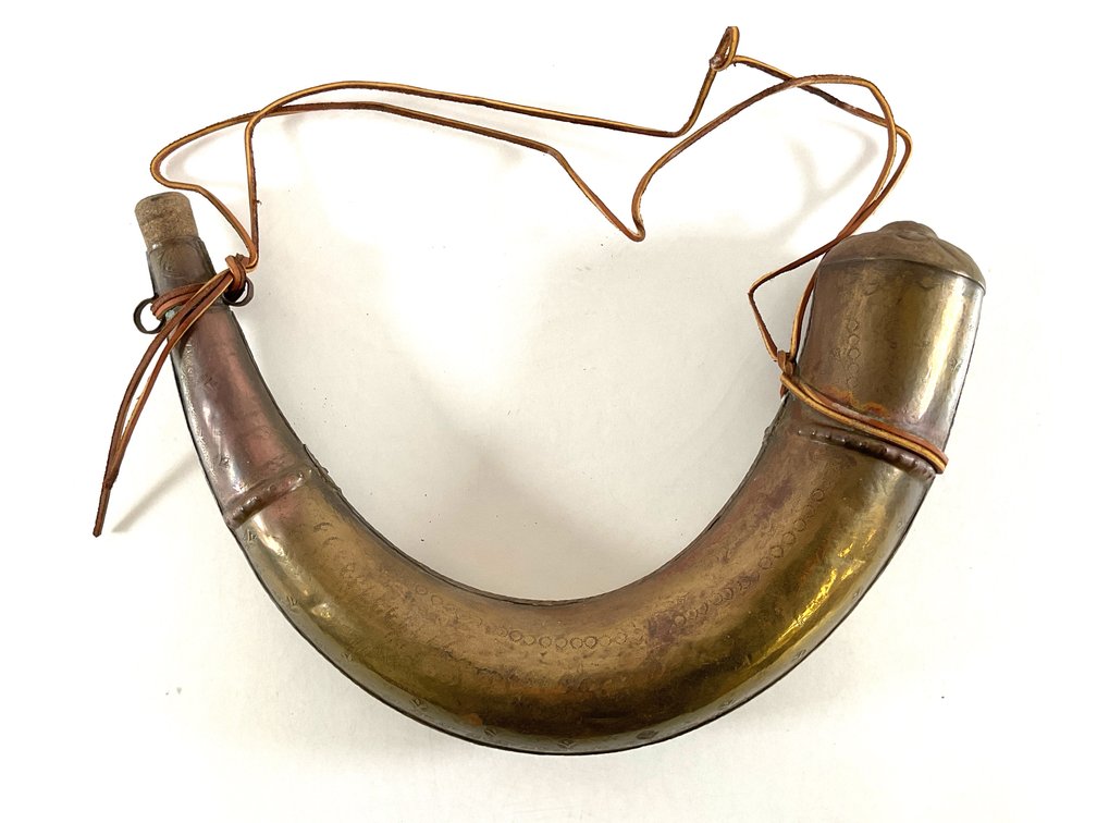 Curved Brass Powder Horn Flask with Leather Strap