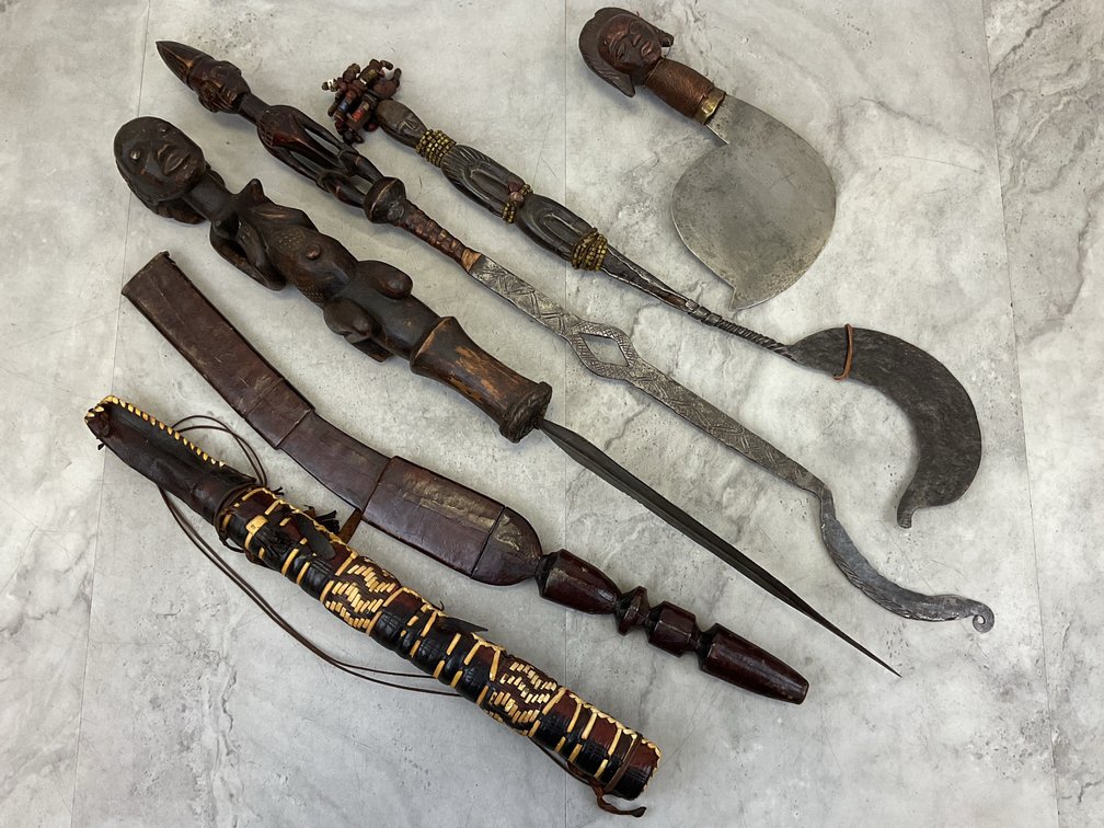 African Carved Wood and Iron Bladed Weapons and Sheaths