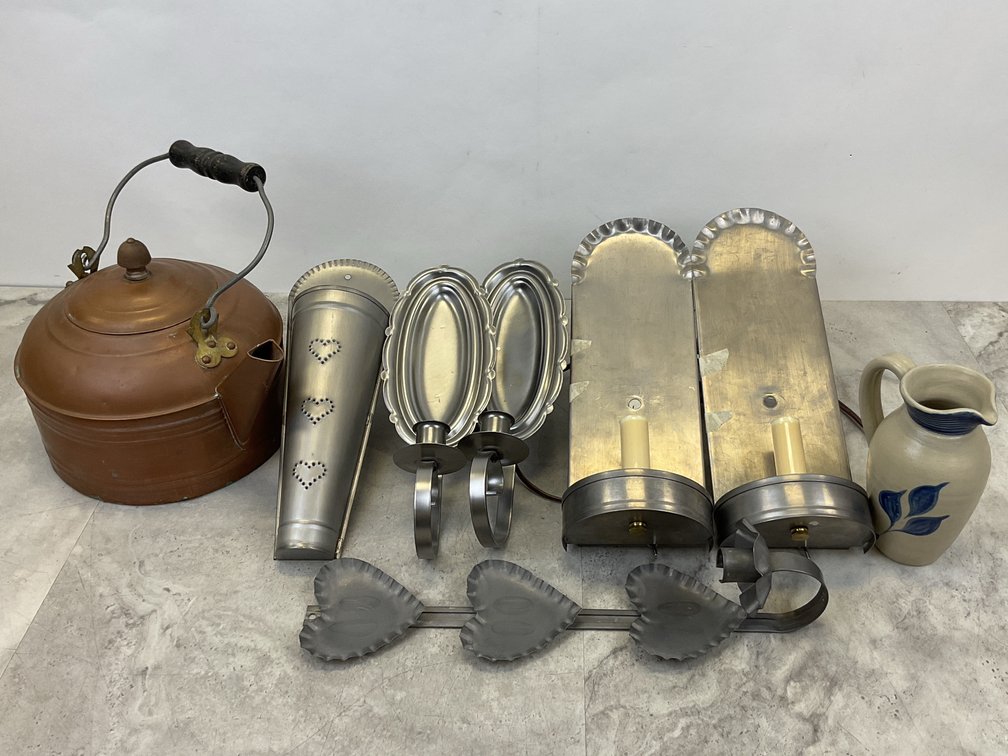 Copper Tea Kettle, Stoneware Pitcher, and Tin Sconces