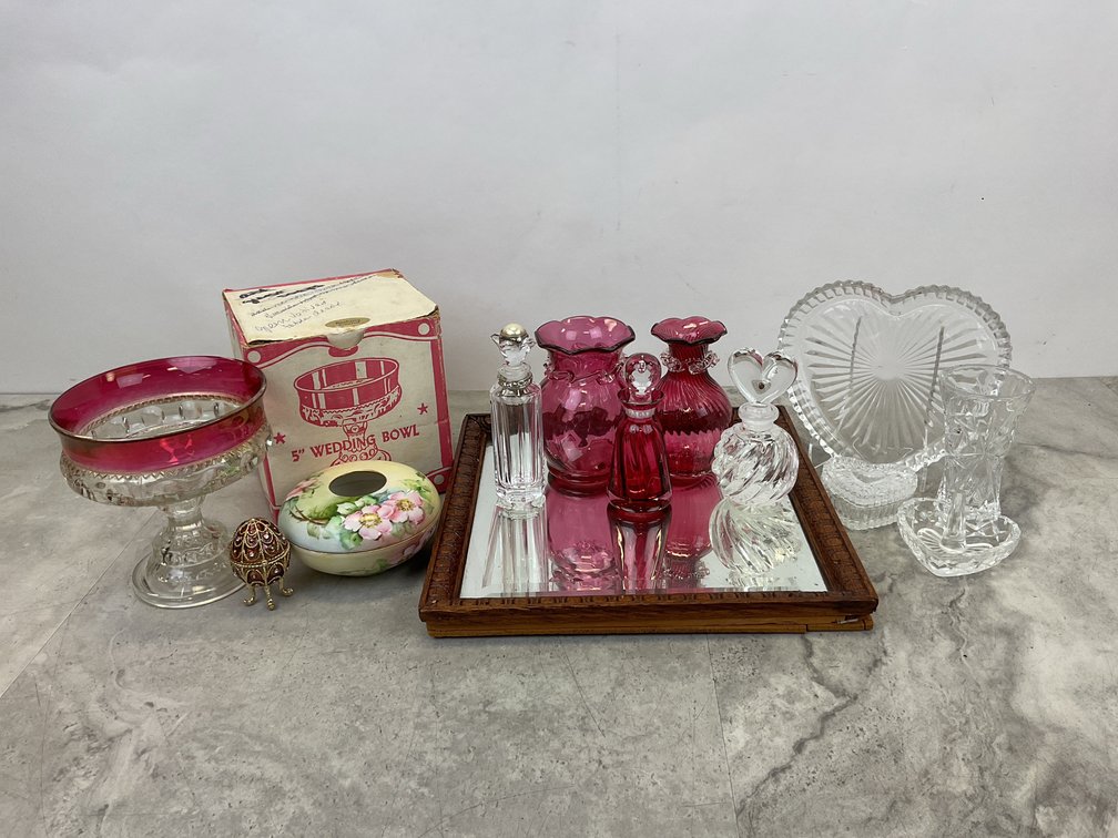 Cranberry Glassware, Perfume Bottles, and Vanity Decor