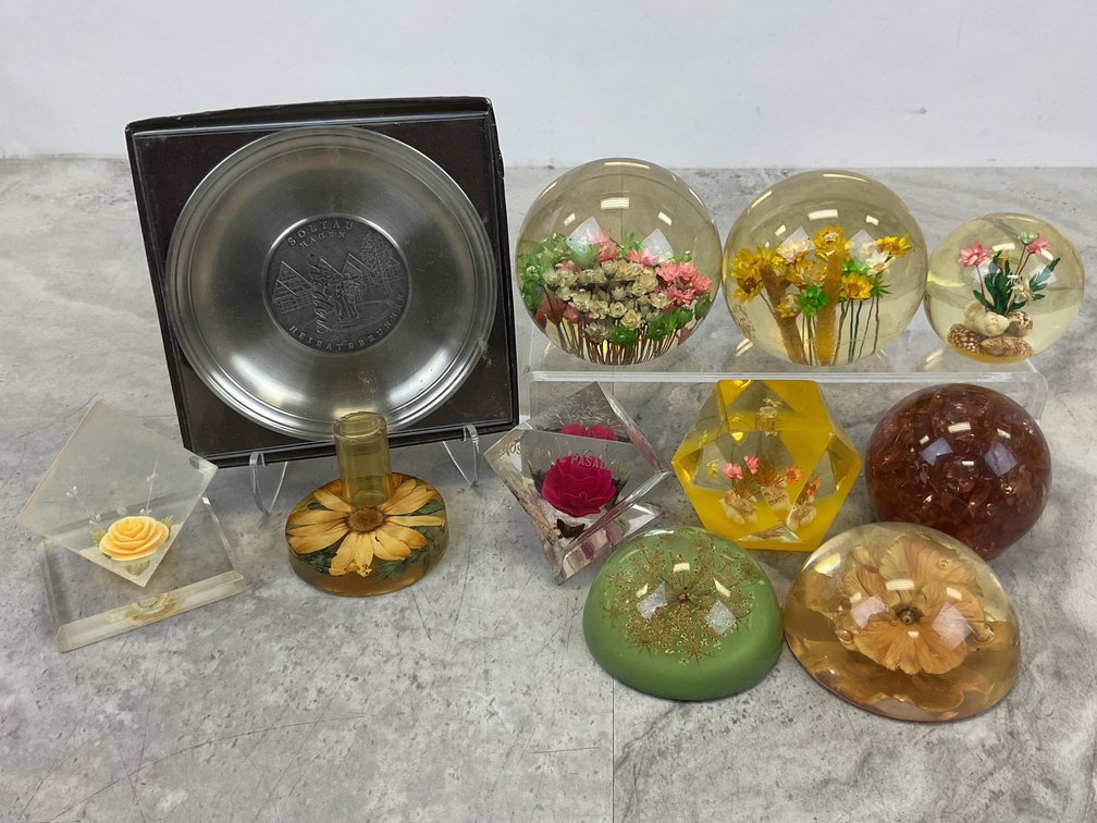 Resin Floral Paperweights and Pewter Commemorative Plate