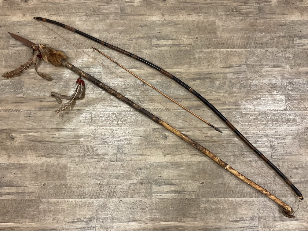Wooden Spear, Strung Longbow, and Arrow