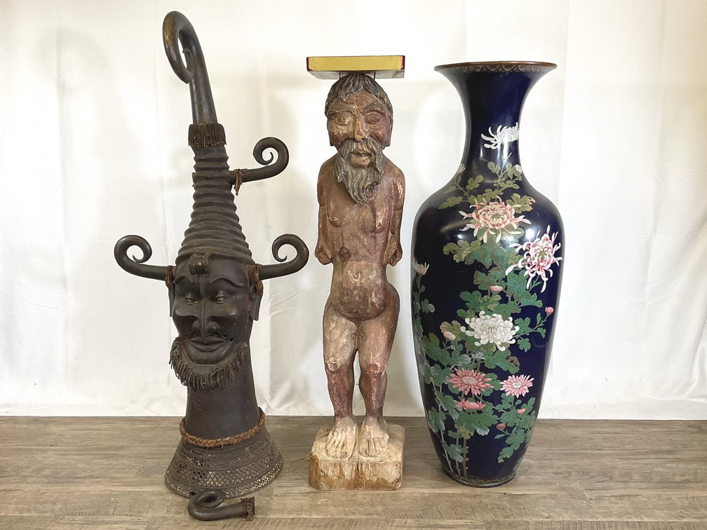 Metal Horned Sculpture, Carved Wood Stand, and Cloisonné Vase