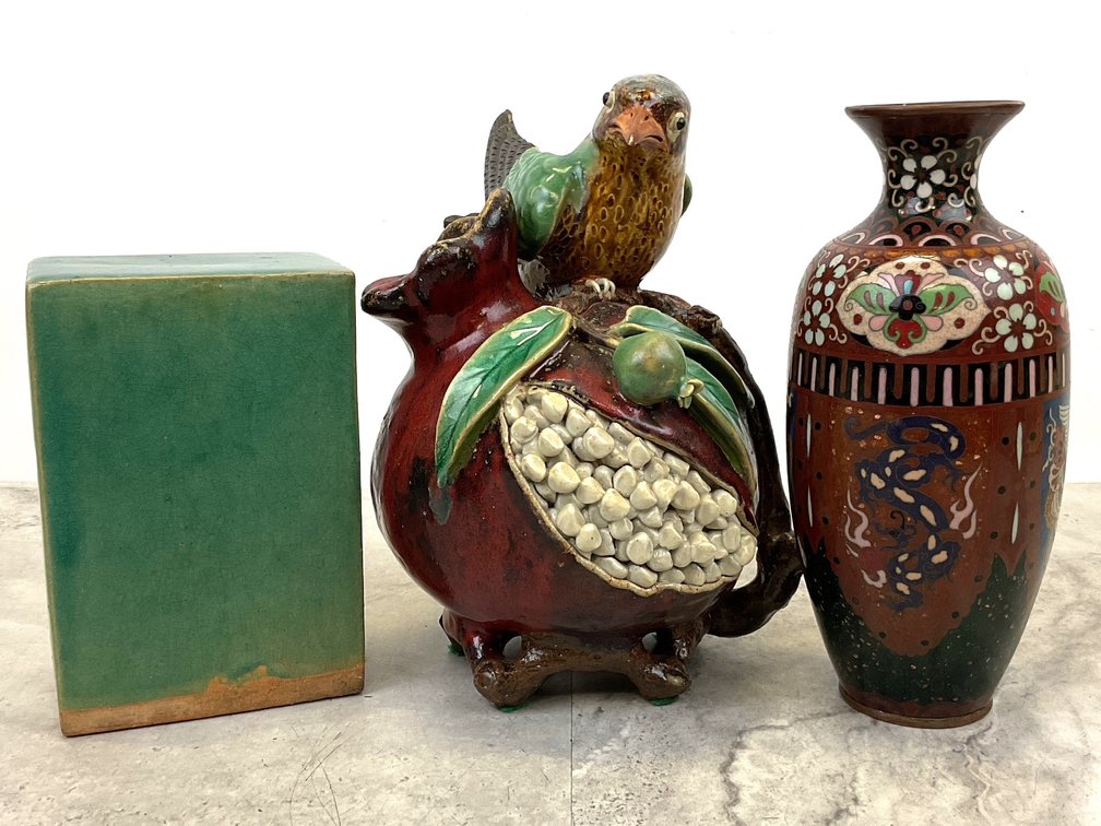 Ceramic Pomegranate Vessel, Cloisonné Vase, and Ceramic Block