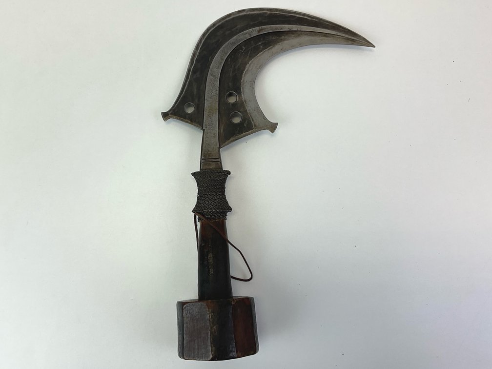 Hand-Forged Forged Sickle Knife with Carved Wood Handle