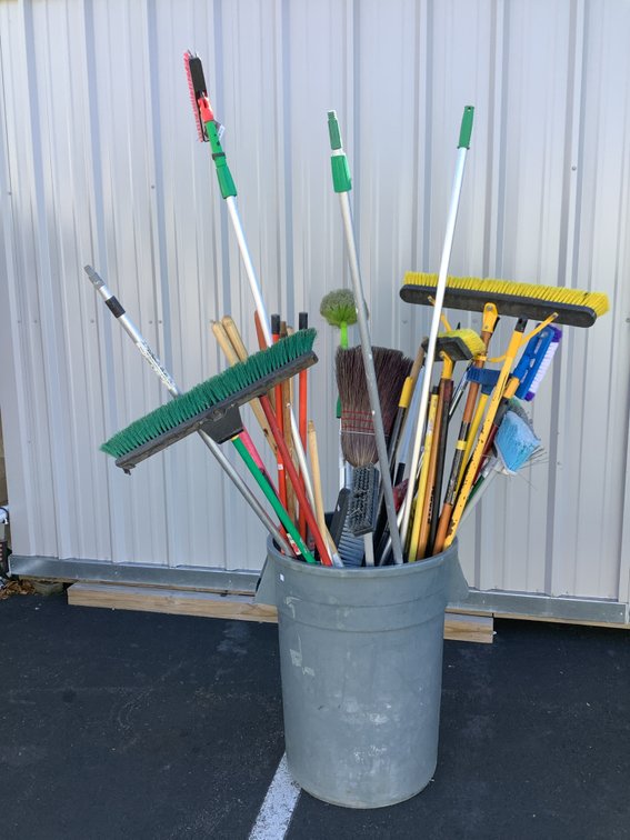 Utility Container, Landscaping Tools, and Brooms