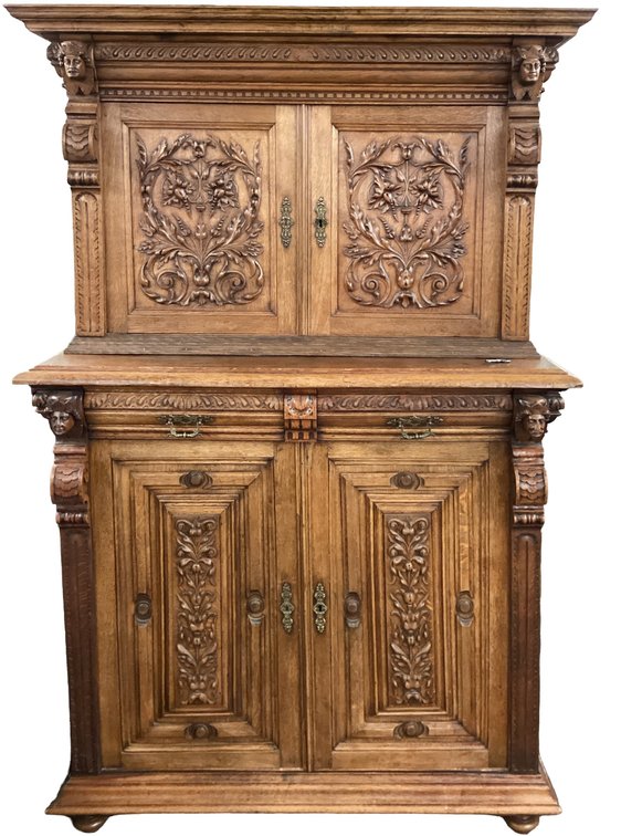 Carved Two-Piece Oak Hutch Cabinet