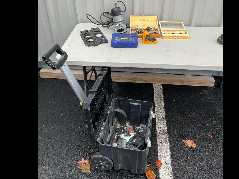 Router, Router Bits, Door Installation Jigs, and Rolling Tool Box