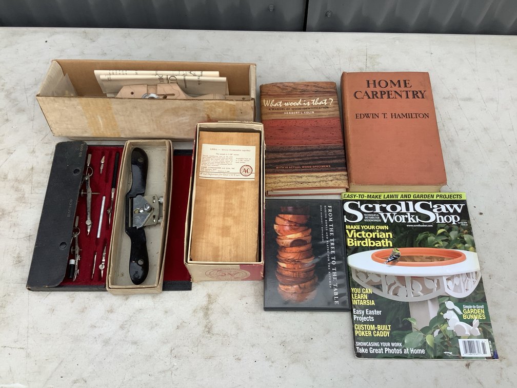 Woodworking Tools, Drafting Instrument Set, and Wood Samples