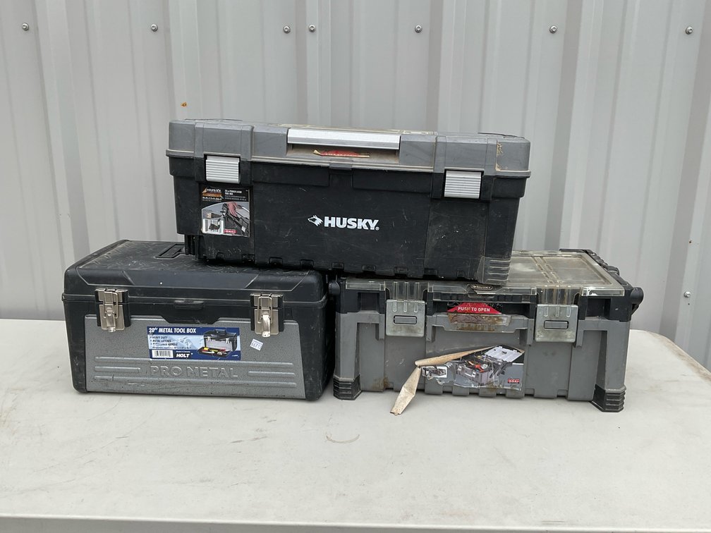 Toolboxes with Sheet Metal Hand Tools and Hole Saws