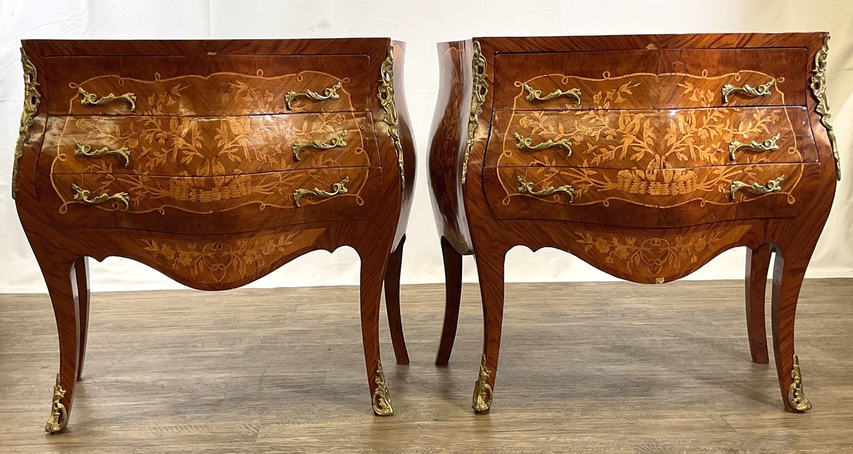 Pair of Marquetry Commodes with Marble Tops