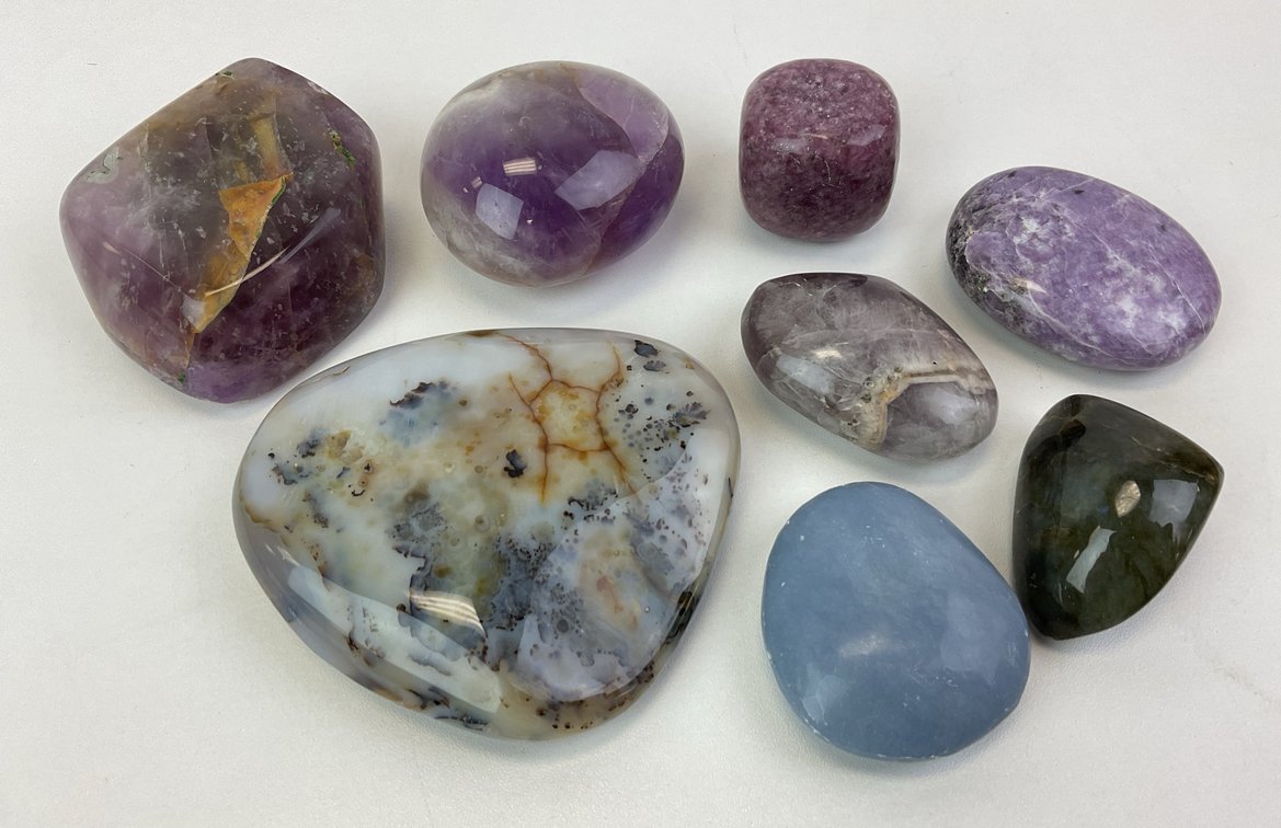 Polished Agate, Amethyst, Labradorite, and Lepidolite Stones