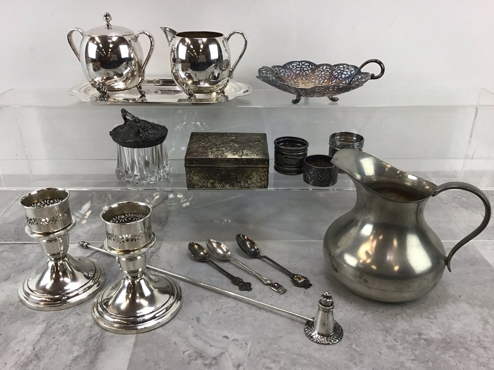 Sterling Candlesticks, Pewter Pitcher, and Hollowware