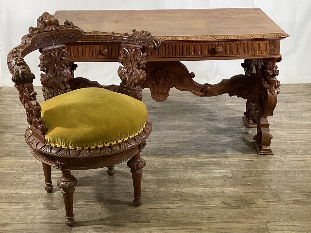 Carved Library Table & Complementing Chair