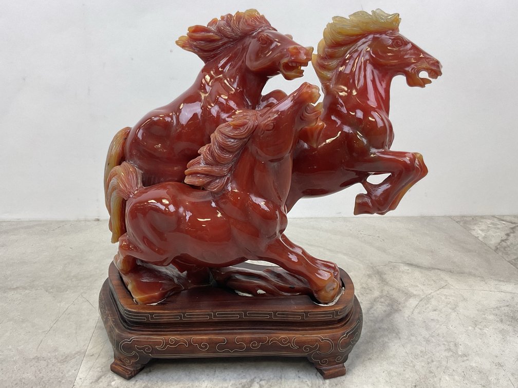 Stone Galloping Horses on Inlaid Wood Base