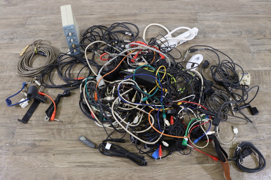 Large Box of Assorted Cables and Wires Plus Digidesign M-Box Processor