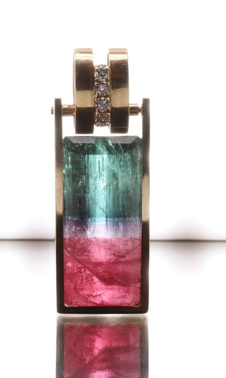 14k YG Watermelon Tourmaline Diamond Pendant, 50 Carat