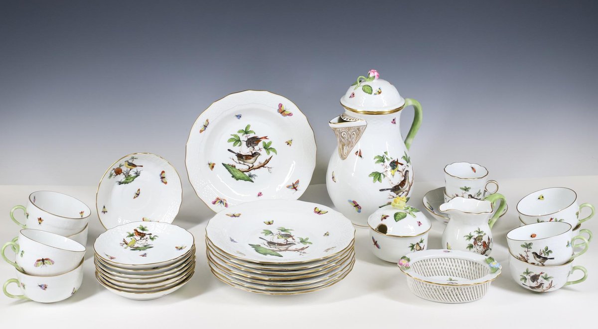 Herend "Rothschild Bird" Porcelain Dessert Service for 8